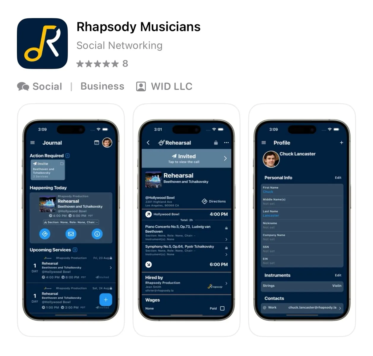 Screenshots of the Rhapsody Musician mobile app